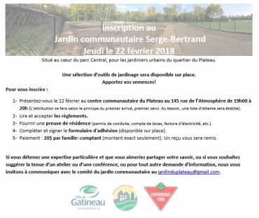 Inscription au Jardin Communautaire Serge-Bertrand – 2018