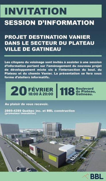 Séance d’information publique sur le projet Destination Vanier : 20 février 2020, 18h00 -20h00, au 118, boulevard du Plateau (Église chrétienne du Plateau).